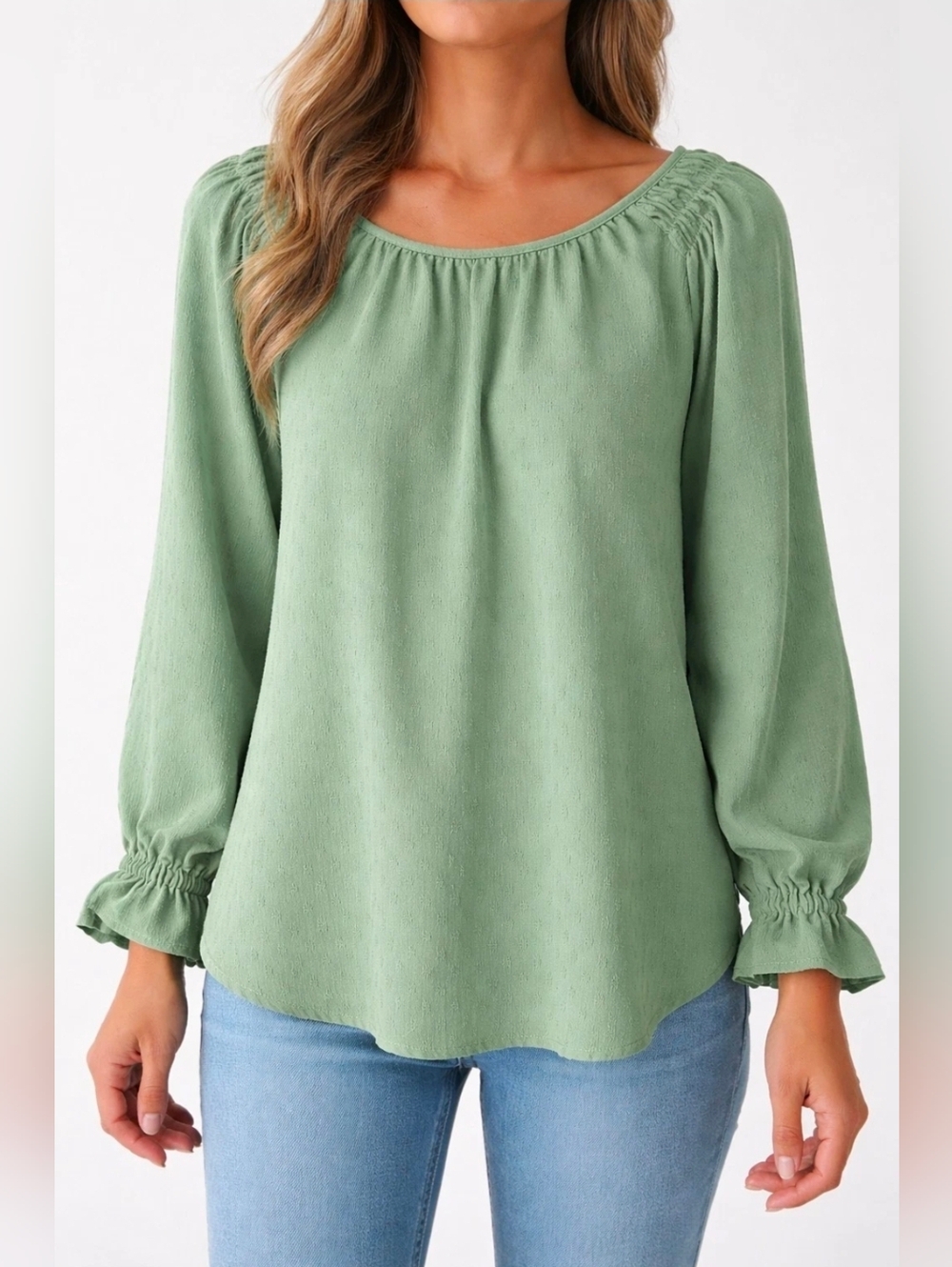 Women's Jessica Simpson Textured Blouse with Blouson Sleeves Green Size L NWT